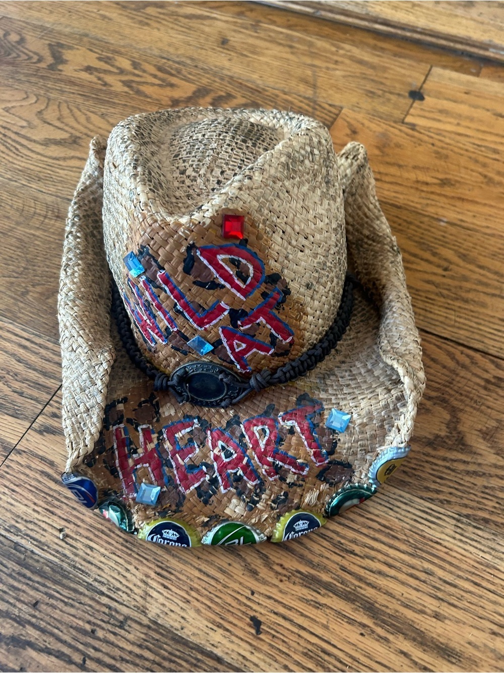 Natural Straw Cowgirl Hat Print WILD AT HEART Coastal Wire Rim S/M Festival